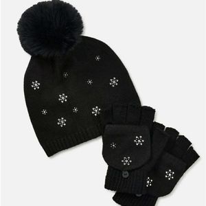 FINAL SALE ADULT SNOWFLAKE BLACK HAT AND GLOVE SET WITH RHINESTONE